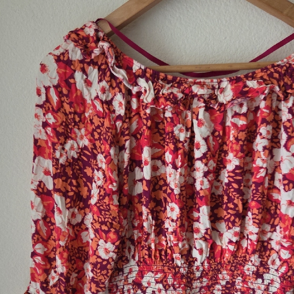 FREE PEOPLE Sweet Memories Pink Multi Floral Print Ruffled Blouse Sz M Boho - Picture 11 of 16